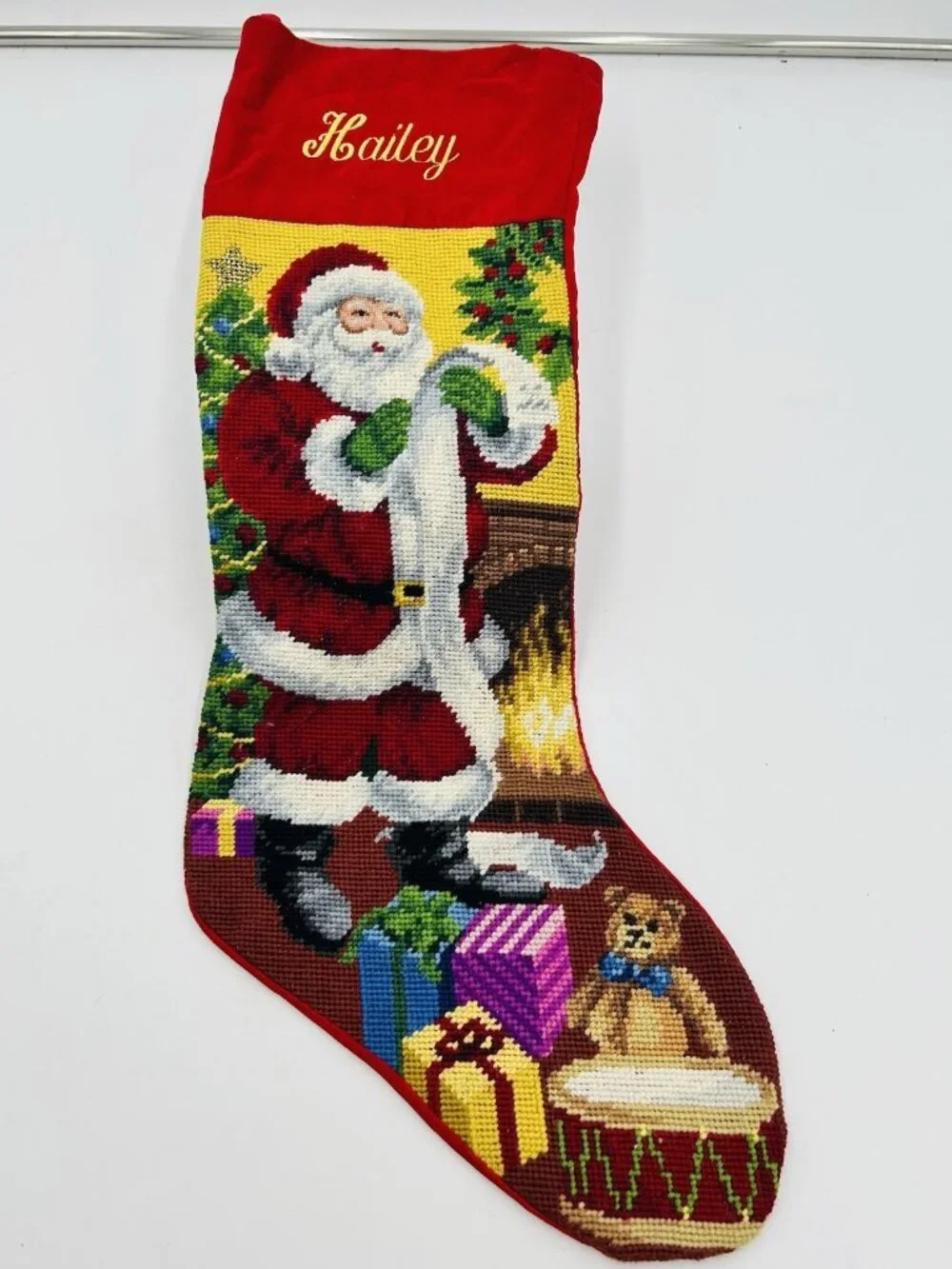 VTG Lillian Vernon Needlepoint Christmas Stocking Santa Gifts W/ Name “Hailey”